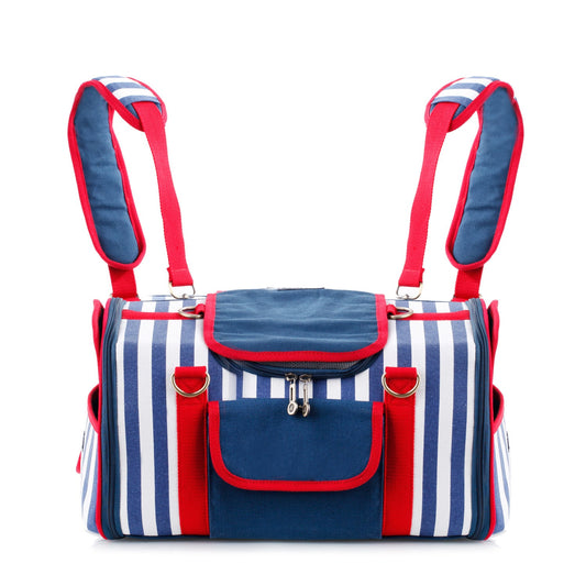 Striped Pet Carrier Bag Canvas Travel Tote with Breathable Mesh