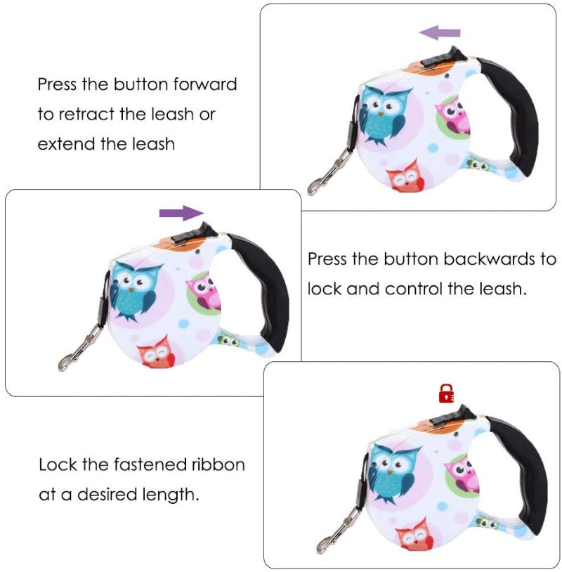 Owls Retractable Dog Leash – 5M Reflective Nylon Leash for Small, Medium & Large Dogs | Posh Dog Life