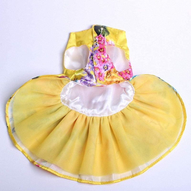 Yellow Floral Dog Party Dress – Elegant Satin Dog Dress with Green Bow & Tulle Skirt for Small Breeds | Posh Dog Life