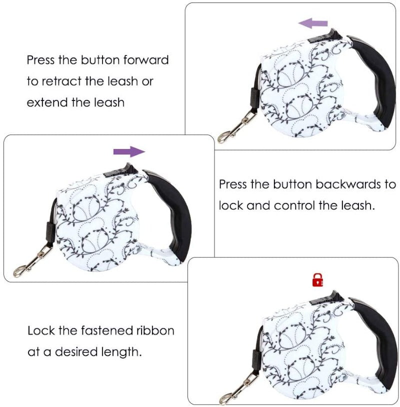 Swirling Vine Retractable Dog Leash – 5M Reflective Nylon Lead for Small & Medium Dogs | Posh Dog Life