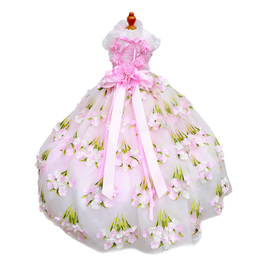 Pet Dress Pink Floral Tulle Gown with Bow