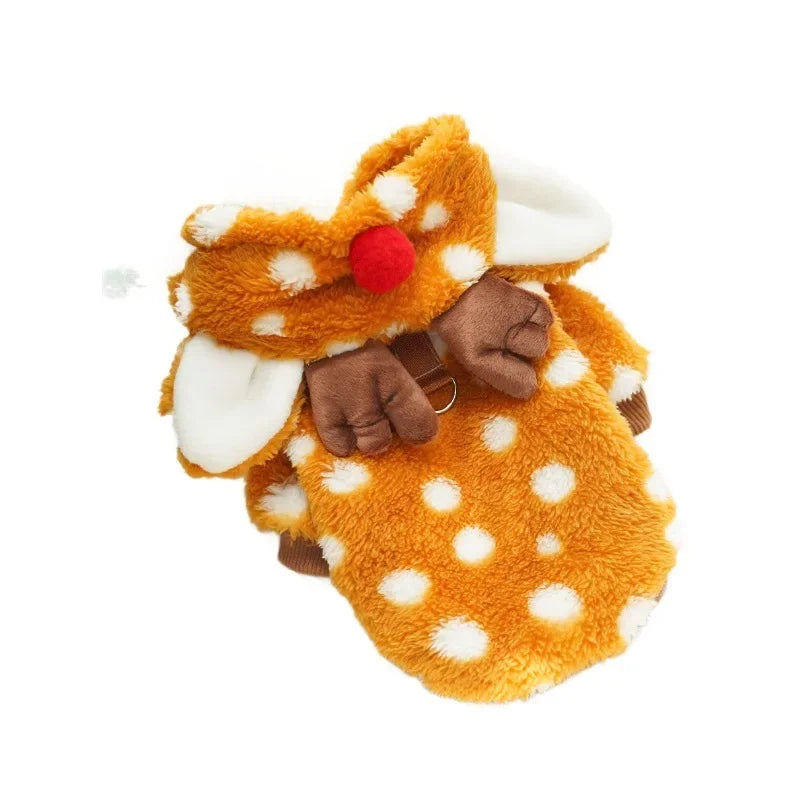 Christmas Reindeer Fleece Dog Hoodie with Antlers – Cozy Mustard Pullover Holiday Outfit for Small & Medium Dogs (XS–XXL)