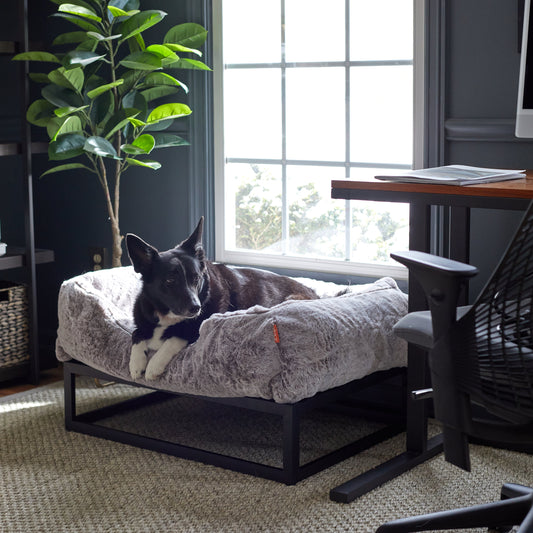 FÜZI Raised Bolster Dog Bed – Light Grey Washable Faux Fur with Black Metal Base, Indoor/Outdoor