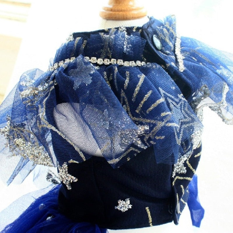Designer Handmade Navy Blue Trailing Dog Party Dress – Luxury Satin & Tulle Gown with Rhinestones, Pearls & Sequin Stars for Small to Large Dogs (XS–XL + Custom)