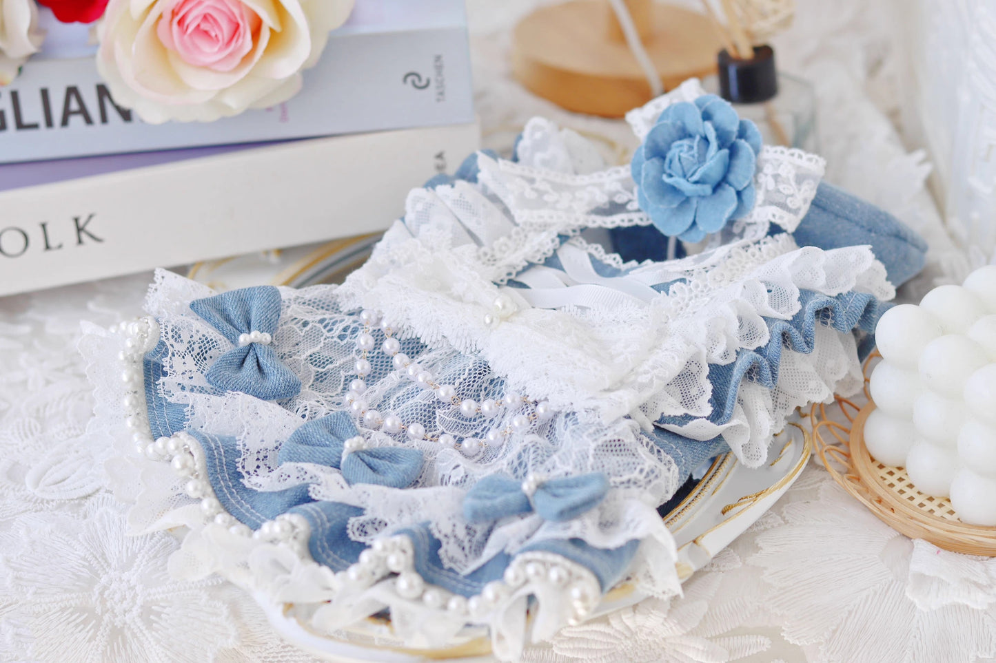 Elegant Blue Lace Pearl Dog Dress