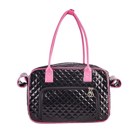 Black Glossy Quilted Pet Carrier Bag with Safety Strap