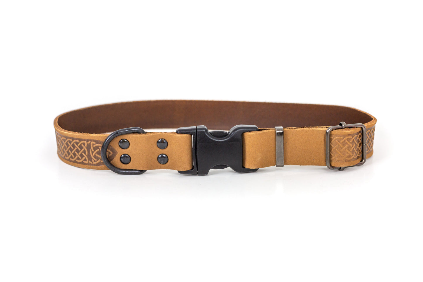 Celtic Sport Quick-Release Dog Collar – Khaki Leather with Black Hardware, Celtic Fire & Water Rune Design, and YKK Buckle, Made in USA