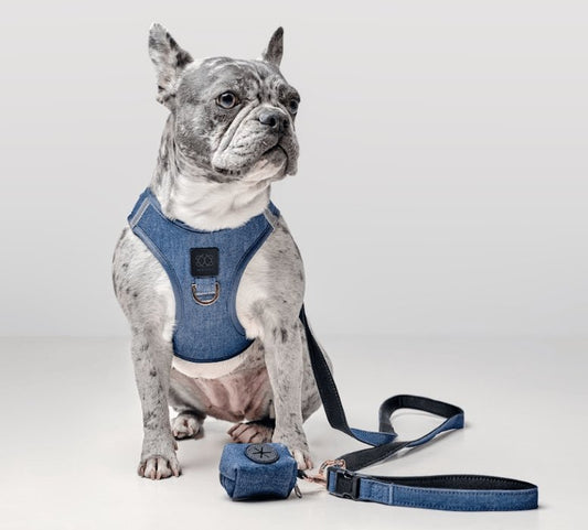 Poop Bag Holder “Denim” – Stylish Cotton Twill Waste Bag Dispenser with Rose Gold Clasp, Fits Standard Rolls & Includes Bags