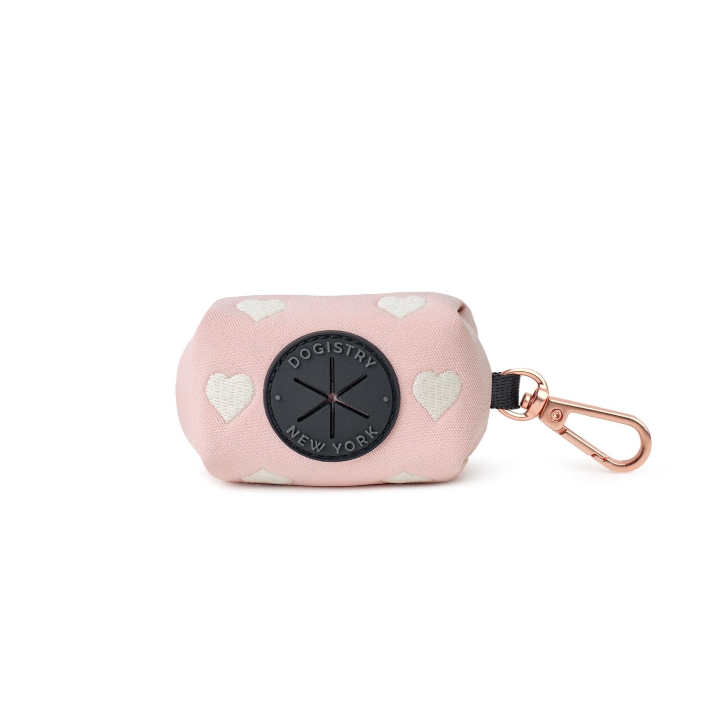 Dogistry Dog Waste Bag Holder – Blush Cotton Twill with Cream Heart Embroidery and Rose Gold Clasp, Fits Standard Rolls, Includes Bags, 3” x 2.5” x 2”