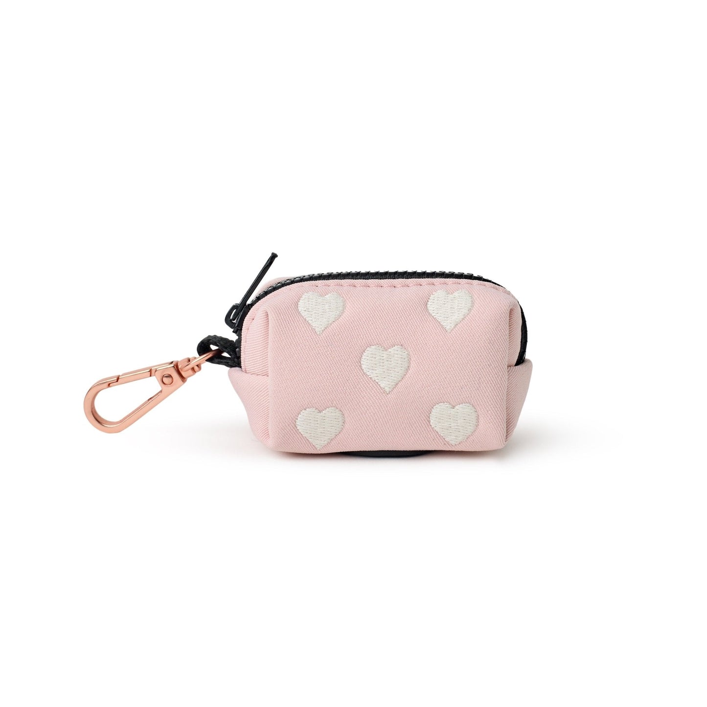 Dogistry Dog Waste Bag Holder – Blush Cotton Twill with Cream Heart Embroidery and Rose Gold Clasp, Fits Standard Rolls, Includes Bags, 3” x 2.5” x 2”