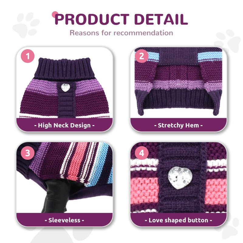 Purple Stripe Dog Sweater – Cozy 100% Cotton Knit with Heart Buttons, Soft & Breathable Fabric for Small to Medium Dogs (XS–2XL)