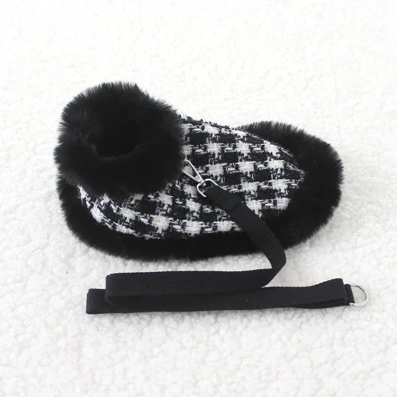 Tres Chic Black Houndstooth Dog Coat, Hat & Leash Set – Handmade Parisian Faux-Fur Cape Ensemble for Small Dogs (S–XL)