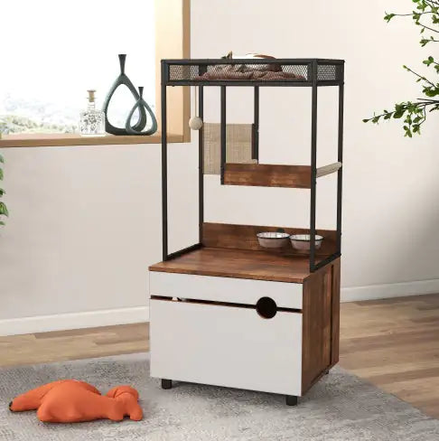 Cat Litter Box Enclosure with Cat Tree Tower – Multi-Functional Cat Cabinet & Furniture (White + Vintage)