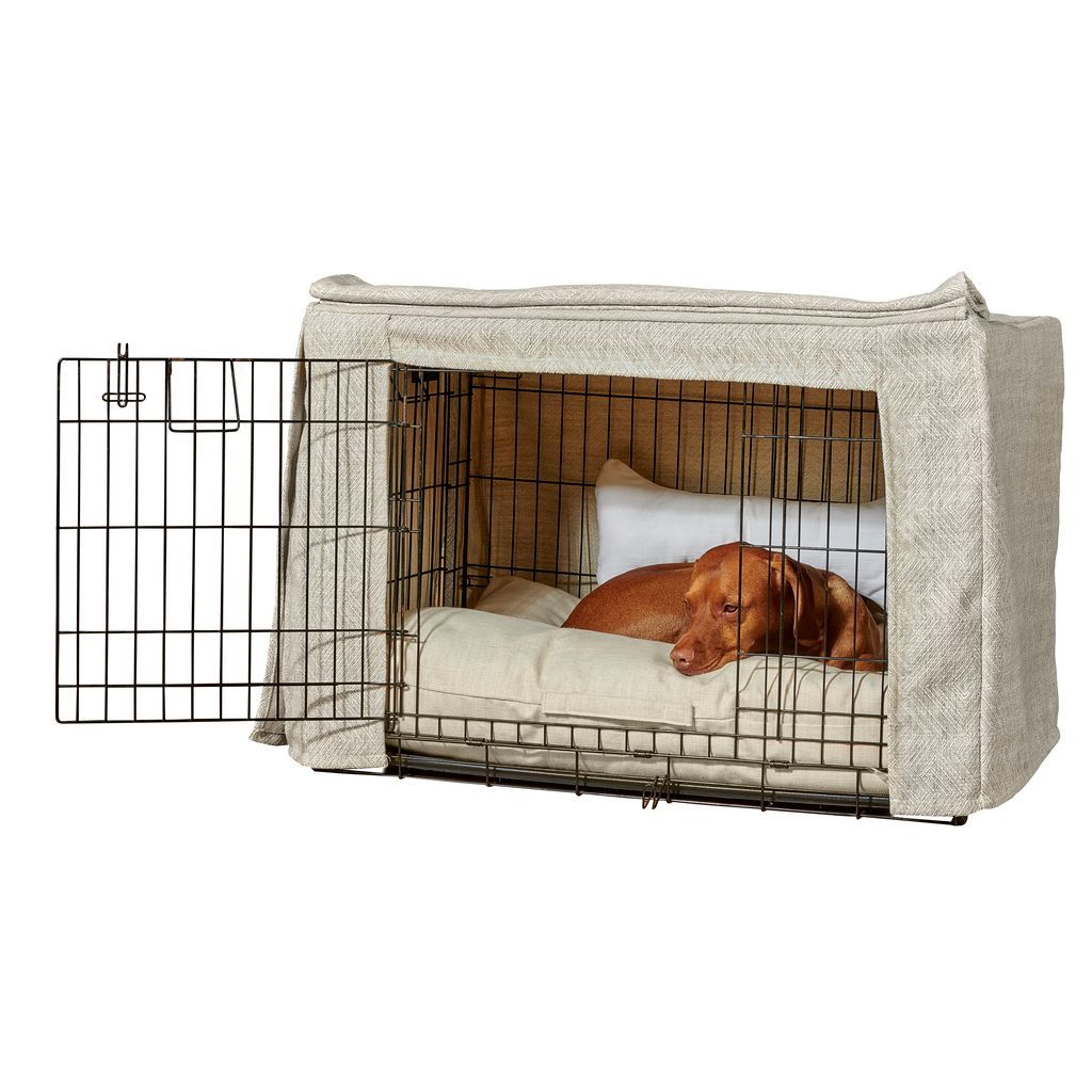 Double Door Crate Cover – Milkshake Durable Upholstery Fabric, Machine Washable, Roll-Up Front & Side Panels for Stylish Pet Crate Makeover