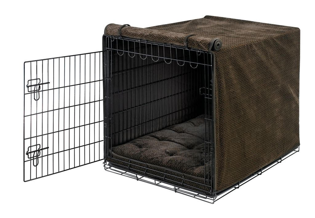 Crate Cover – Chocolate Bones Print in Luxury Upholstery Fabric with Elegant Piping, Machine Washable Roll-Up Front Panel for Stylish Dog Crate Privacy