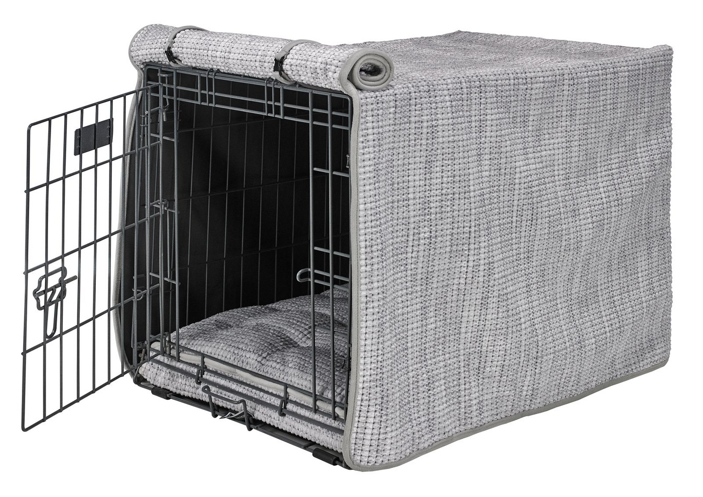 Crate Cover – Glacier Blue in Luxury Upholstery Fabric with Elegant Piping, Machine Washable Roll-Up Front Panel for Stylish Dog Crate Privacy