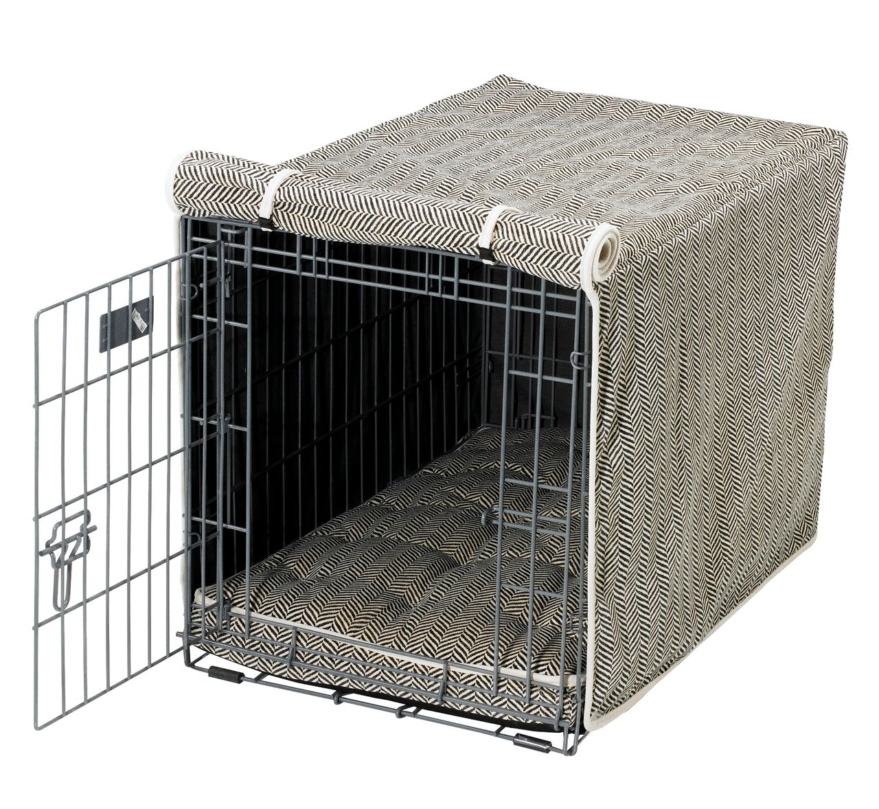 Crate Cover – Classic Herringbone in Luxury Upholstery Fabric with Elegant Piping, Machine Washable Roll-Up Front Panel for Stylish Dog Crate Privacy