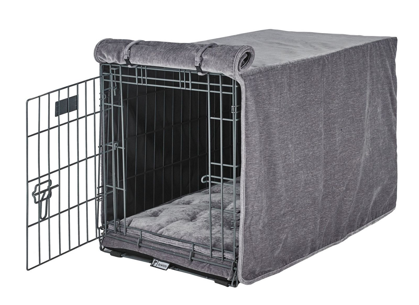 Crate Cover – Pumice Gray Luxury Upholstery with Elegant Piping, Machine Washable Roll-Up Front Panel for Stylish Dog Crate Privacy