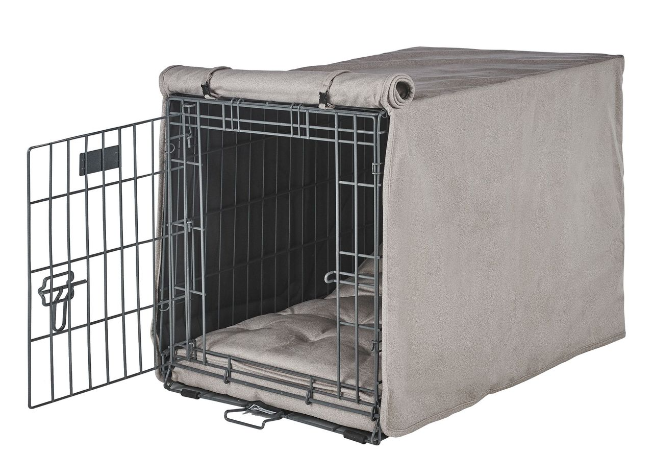 Crate Cover – Sandstone Luxury Upholstery with Elegant Piping, Machine Washable Roll-Up Front Panel for Stylish Dog Crate Privacy