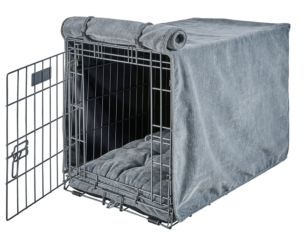 Luxury Dog Crate Cover – Taupe Herringbone Upholstery Fabric, Machine Washable with Roll-Up Front Panel and Elegant Piping, Fits Standard Wire Crates