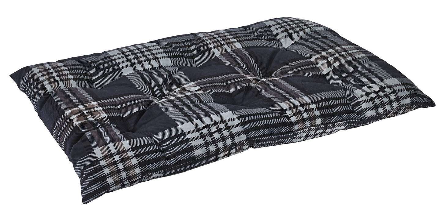 Tufted Dog Crate Cushion – Greystone Tartan Upholstery Fabric, High-Memory Polyester Fiber, Machine Washable, Versatile Crate or Lounge Mat