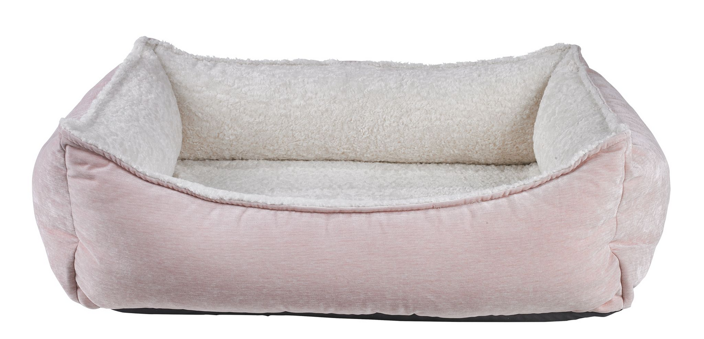 Oslo Ortho Bed Blush – Two-Tone Upholstery Fabric with Scooped Front, Cool Gel Memory Foam Cushion, Removable Washable Cover, Supportive Bolster, Ideal for Comfort & Temperature Regulation