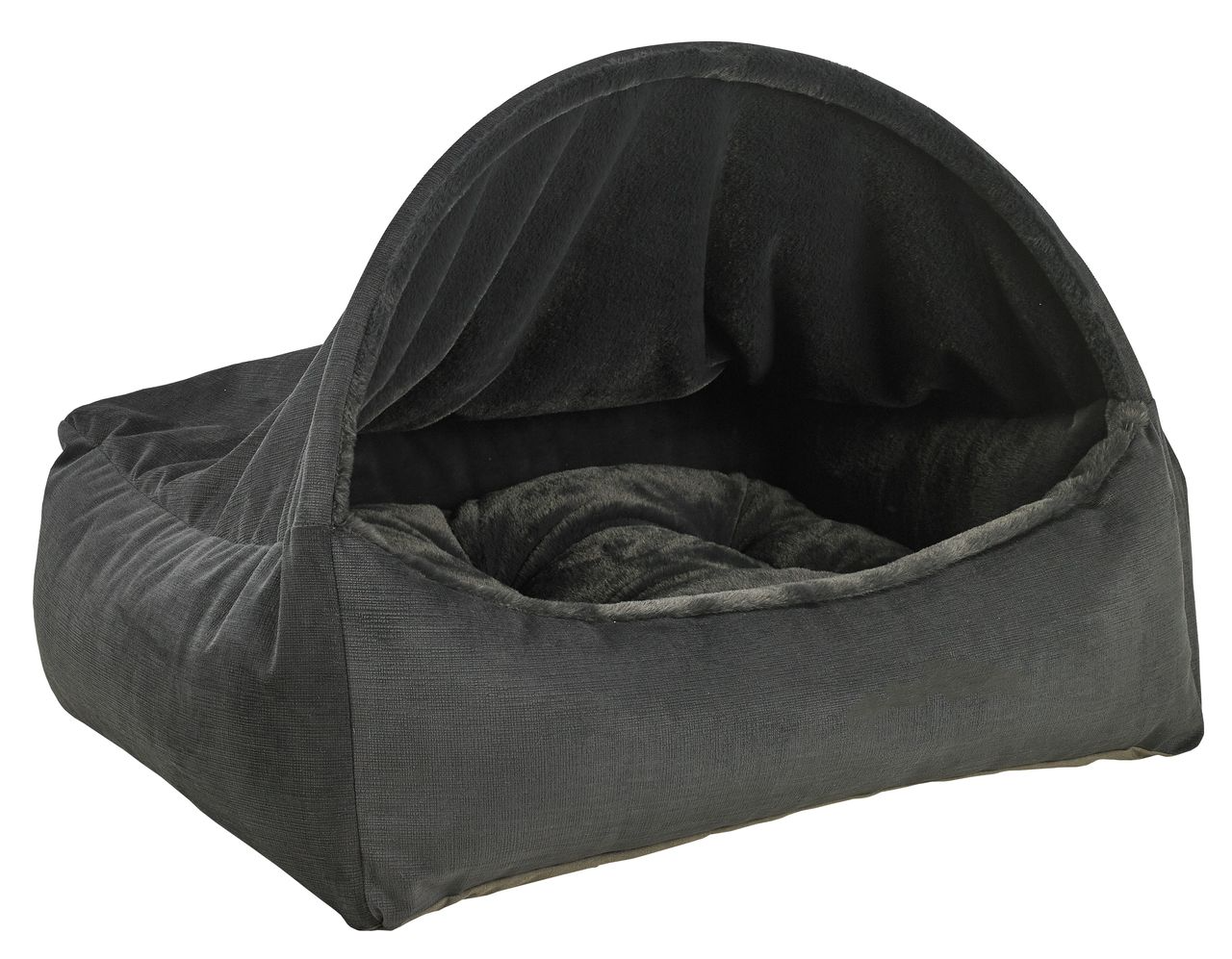 Canopy Bed Galaxy – Covered Dog Bed with Scooped Front, Removable Washable Cushion, Upholstery Fabric & Luxury Faux Fur, Overstuffed Bolsters for Comfort & Security