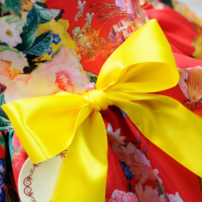 Red Floral Dog Party Dress | Elegant Satin Dress with Yellow Bow for Small Dogs