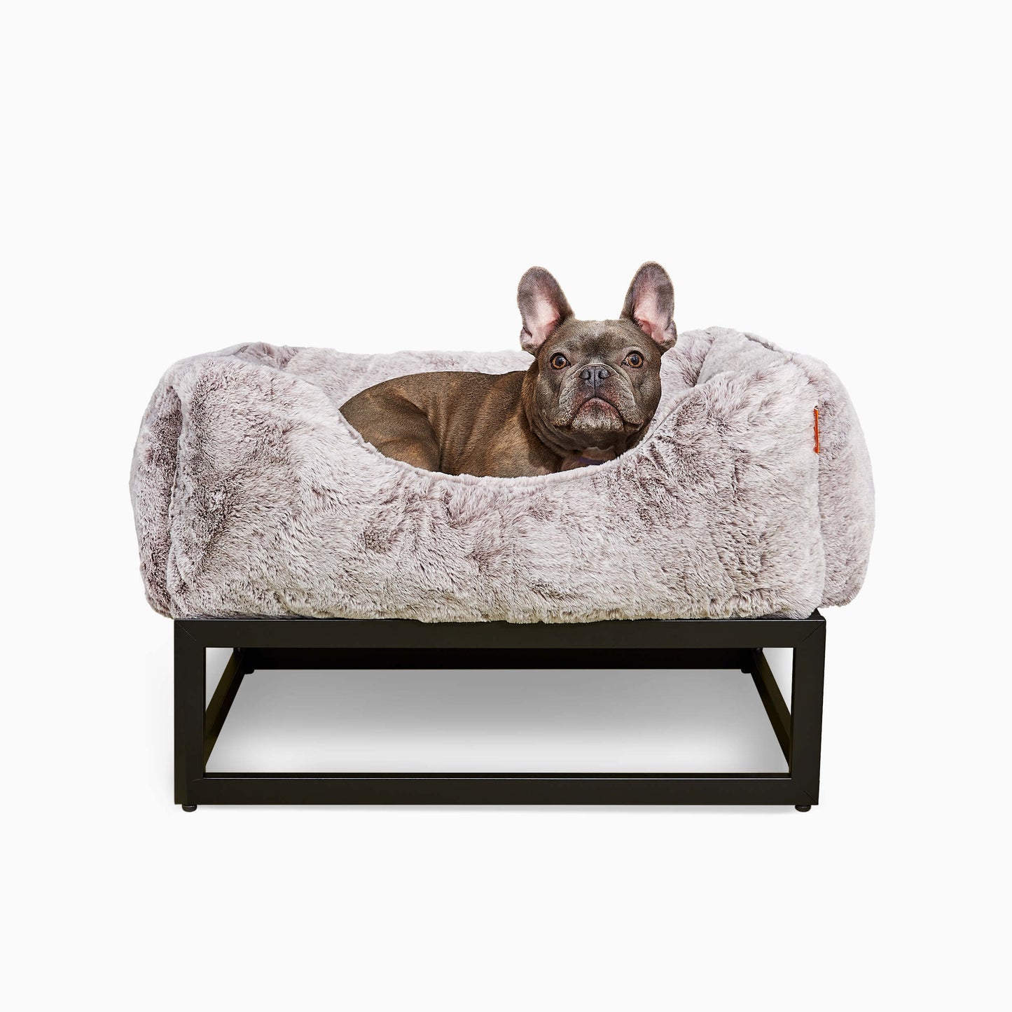 FÜZI Raised Bolster Dog Bed – Light Grey Washable Faux Fur with Black Metal Base, Indoor/Outdoor