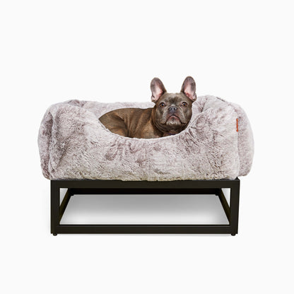 FÜZI Raised Bolster Dog Bed – Light Grey Washable Faux Fur with Black Metal Base, Indoor/Outdoor