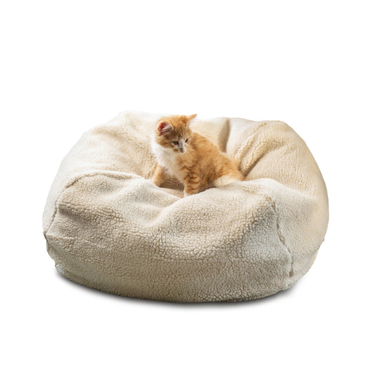 Sherpa Puff Ball Pet Bed | Ultra-Soft Recycled Fiber Pouf with Removable Washable Cover (3 Sizes)