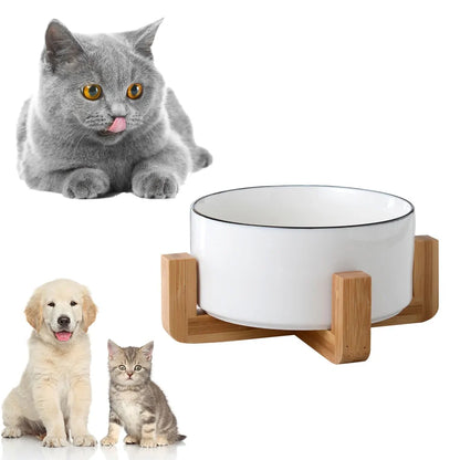 Ceramic Raised Cat Bowl with Wooden Stand | Elevated Ergonomic Dish for Better Posture & Digestion
