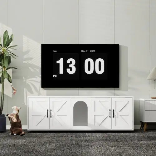 Modern Double-Room Cat Litter Box Furniture – Wooden Enclosed Litter Cabinet w/ Cat Door (White, 59")