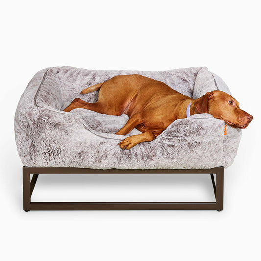 FÜZI Elevated Dog Bed with Bolster – Chew-Resistant Raised Metal Frame & Plush Faux-Fur Top