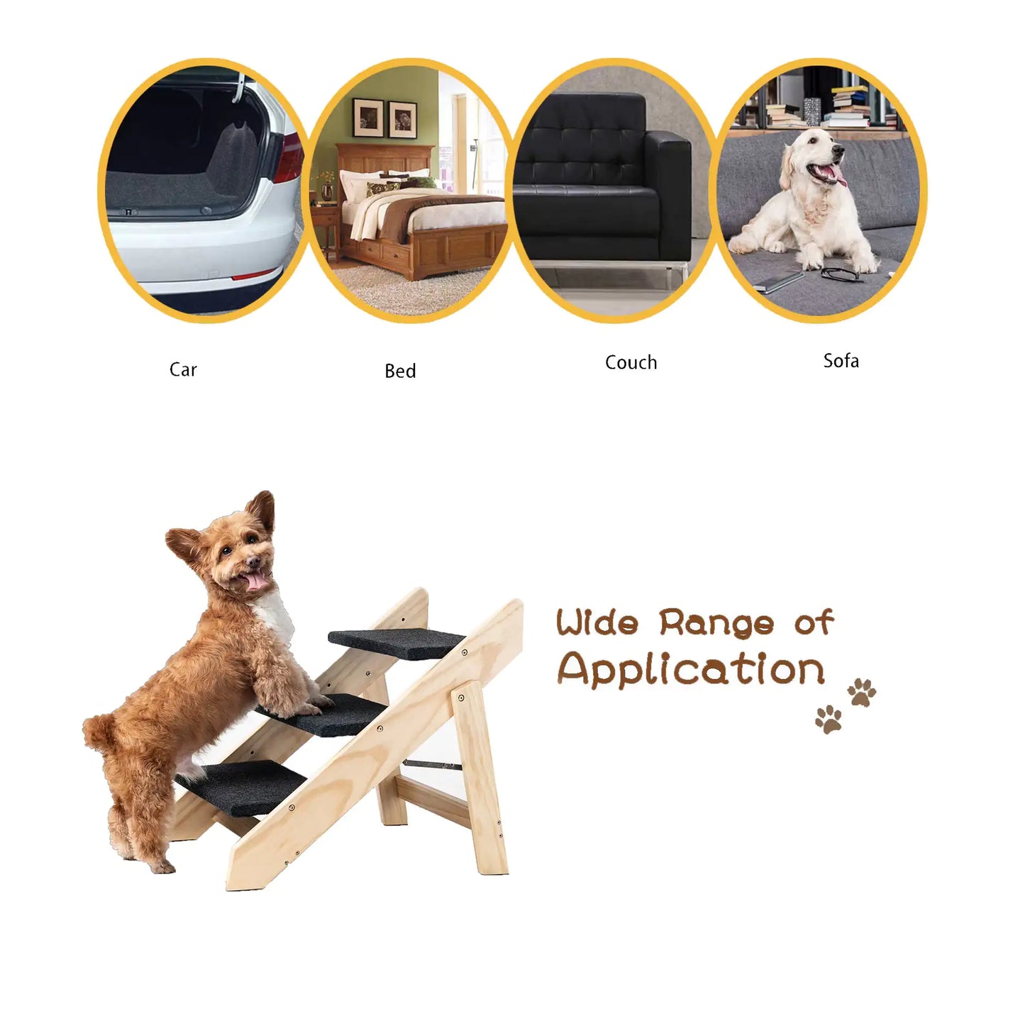 3-Tier Wooden Pet Steps & Ramp | Foldable Dog & Cat Stairs for Beds, Cars & Couches (Up to 110 lbs)