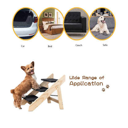3-Tier Wooden Pet Steps & Ramp | Foldable Dog & Cat Stairs for Beds, Cars & Couches (Up to 110 lbs)