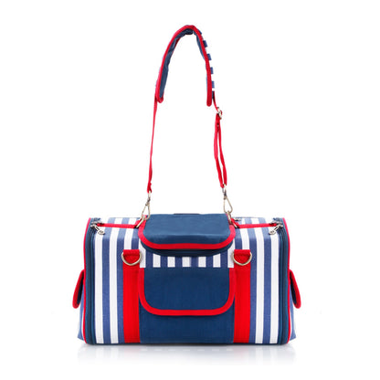 Striped Pet Carrier Bag Canvas Travel Tote with Breathable Mesh