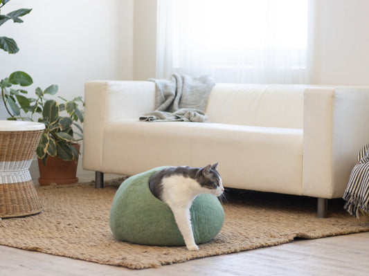 Fuzzy Cove Eucalyptus Green Round Felted Wool Cat Cave – Cozy Enclosed Bed for Cats