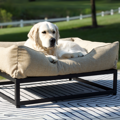 The FÜZI Elevated Dog Bed – Flax Performance Fabric on Black Metal Base (S/M/L/XL)