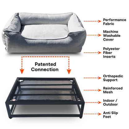 The FÜZI Elevated Dog Bed – Mist Blue Performance Fabric on Black Metal Base (S/M/L/XL)