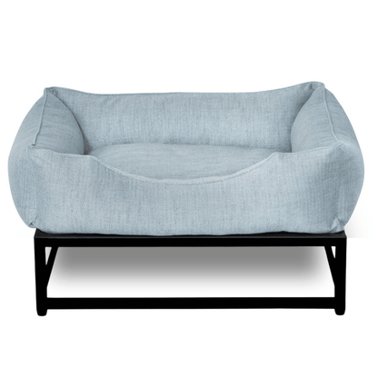 The FÜZI Elevated Dog Bed – Mist Blue Performance Fabric on Black Metal Base (S/M/L/XL)