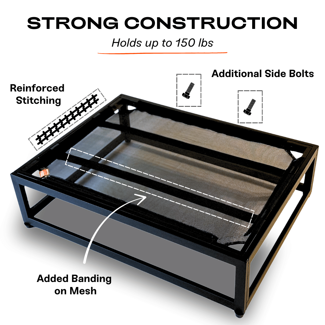 The Up Pup Dog Bed | Elevated Chew-Resistant Raised Dog Cot with Breathable Mesh & Rust-Proof Metal Frame (S–XL)