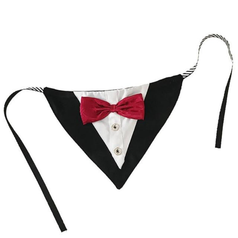 2-Button Tuxedo & Red Bow Tie Dog Bandana | 100% Cotton Tie-On – Medium, up to 15" Neck