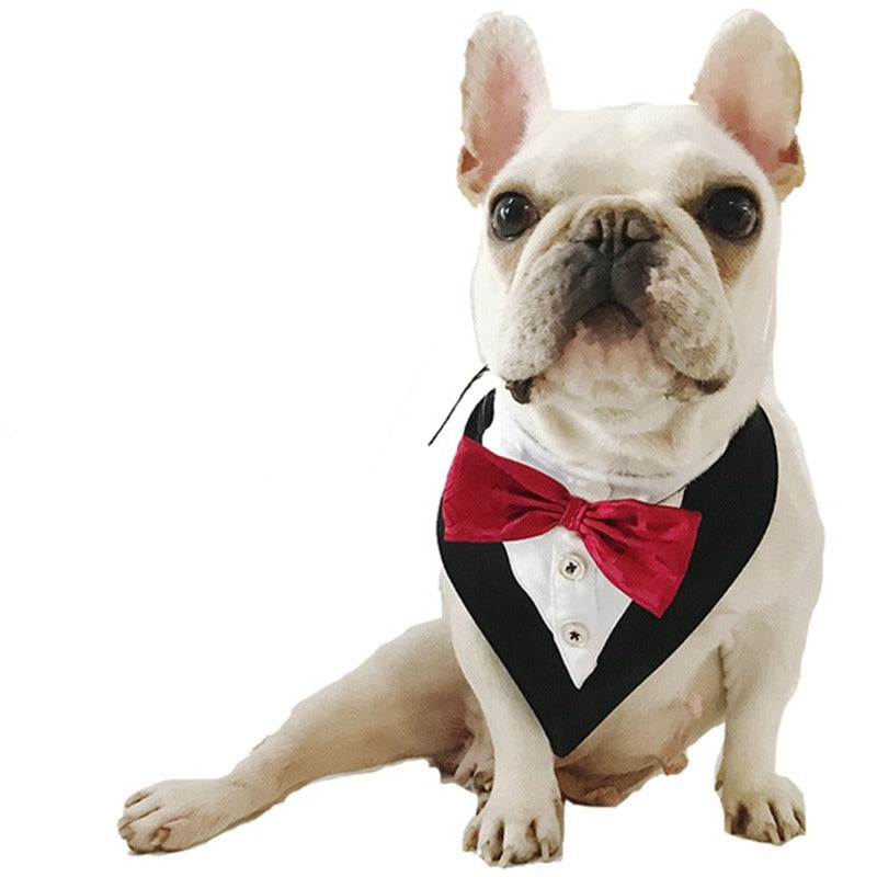 2-Button Tuxedo & Red Bow Tie Dog Bandana | 100% Cotton Tie-On – Medium, up to 15" Neck
