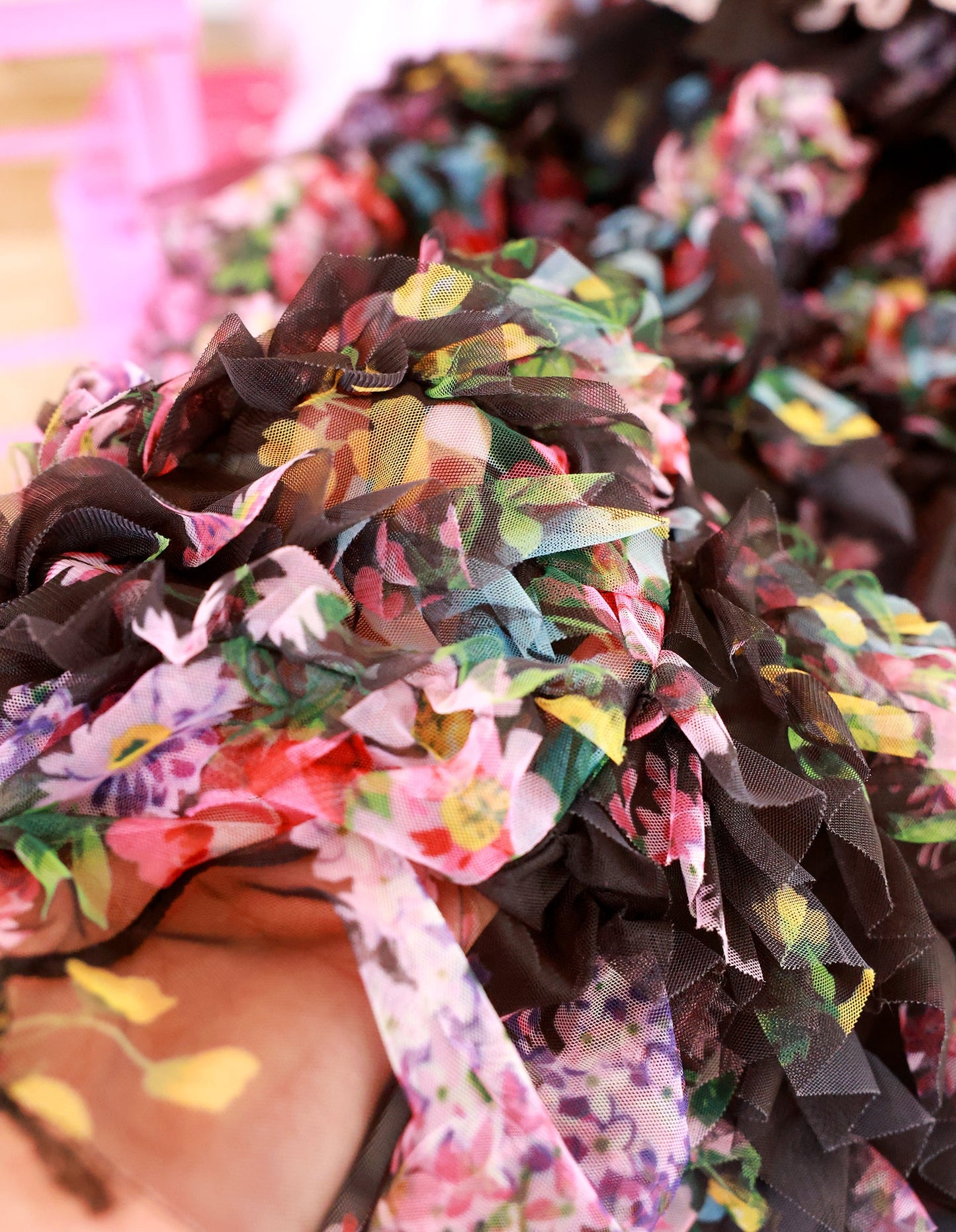 Luxury Floral Dog Dress with Ruffled Skirt & Pink Bow