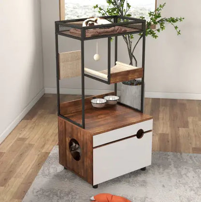 Cat Litter Box Enclosure with Cat Tree Tower – Multi-Functional Cat Cabinet & Furniture (White + Vintage)