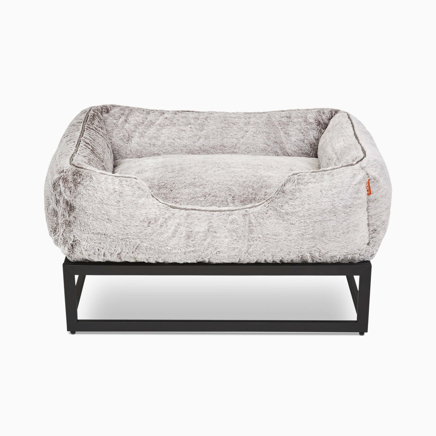FÜZI Raised Bolster Dog Bed – Light Grey Washable Faux Fur with Black Metal Base, Indoor/Outdoor