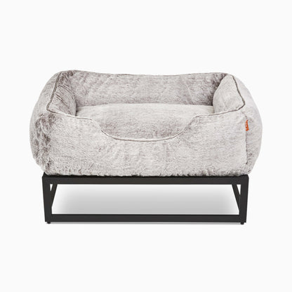 FÜZI Raised Bolster Dog Bed – Light Grey Washable Faux Fur with Black Metal Base, Indoor/Outdoor