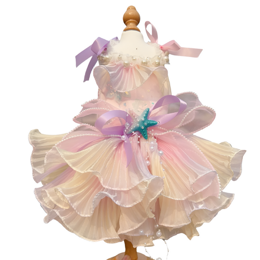 Luxury Handmade Pink Pearl Starfish Dog Party Dress – Designer Layered Tulle Gown with Faux Pearl Trim & Bow for Small to Medium Dogs (XS–XL)