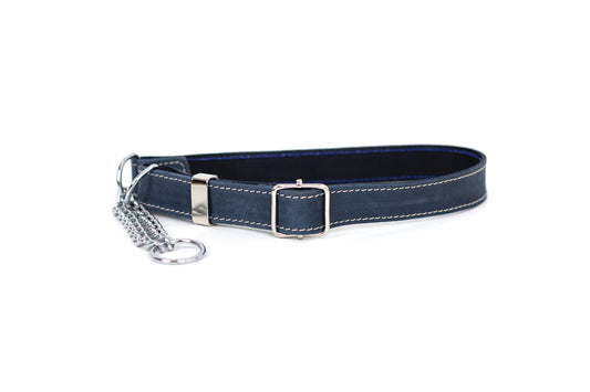 Euro-Dog Martingale Leather Dog Collar – Blue Jeans Full-Grain American Leather with European Steel Hardware, Made in USA